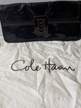 Cole Haan Black Patent Leather Foldover Clutch with Gold Buckle